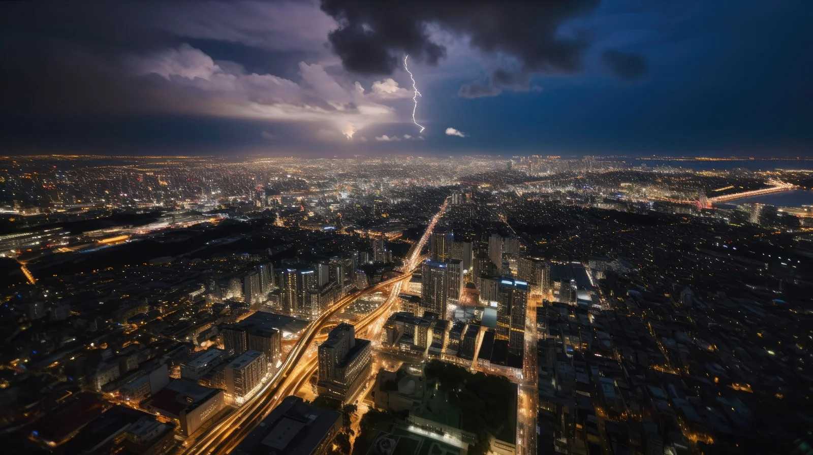 大都市に雷が落ちる様子